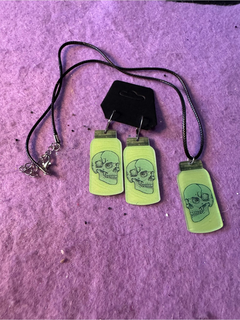 Green glow in the dark Skull Jar Necklace and Earring Set - Fashion Jewelry